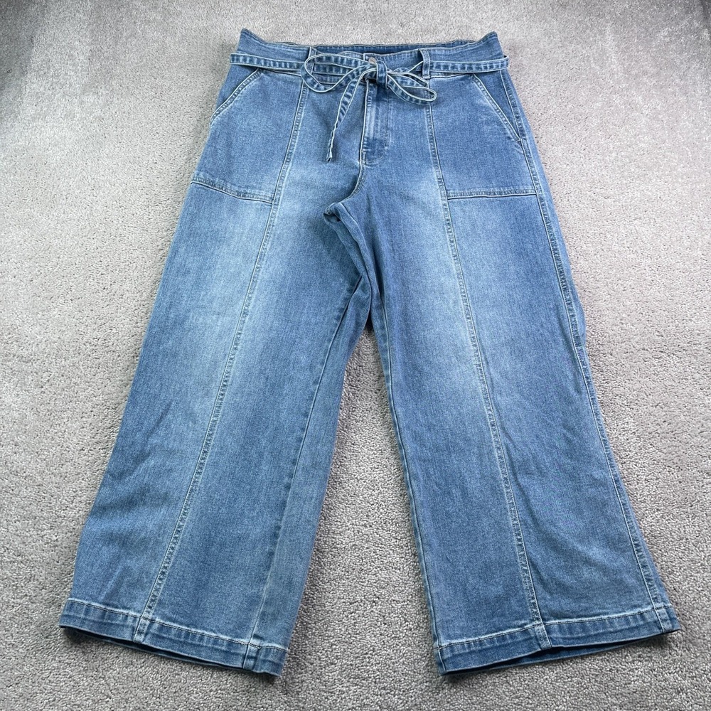 Hudson Jeans Womens 16 Blue Wide Leg Crop Tie Waist High Rise Seamed Denim